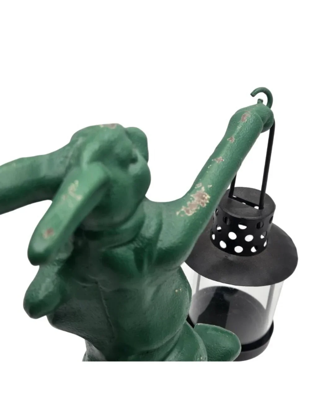 Cast Iron Green Rabbit With Lantern Statue Tealight Holder Cottagecore Farmhouse